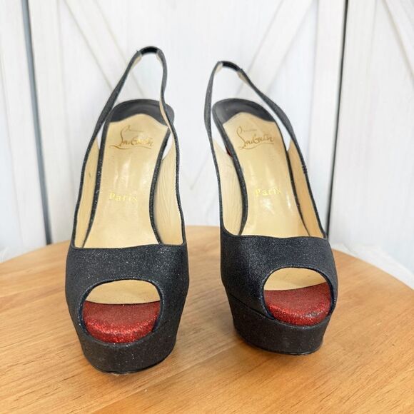 Christian Louboutin Lady Peep Glitter Platform Slingback Pumps Black Red 37.5 - Picture 3 of 16